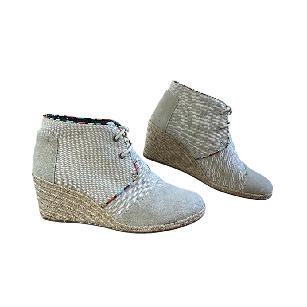 TOMS Boots Womens Size 10 Beige Canvas Wedge Ankle Booties Lace Up Espadrille